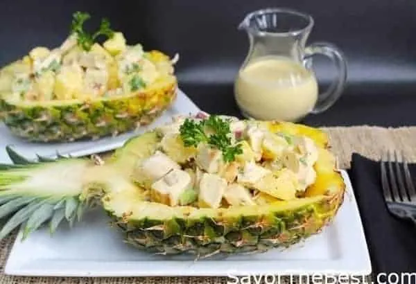 Chicken salad in pineapple bowls. 