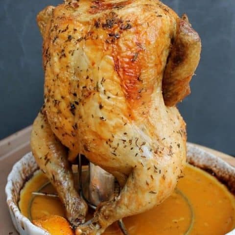 Beer Can roasted Chicken with wine, Lemon and Herbs