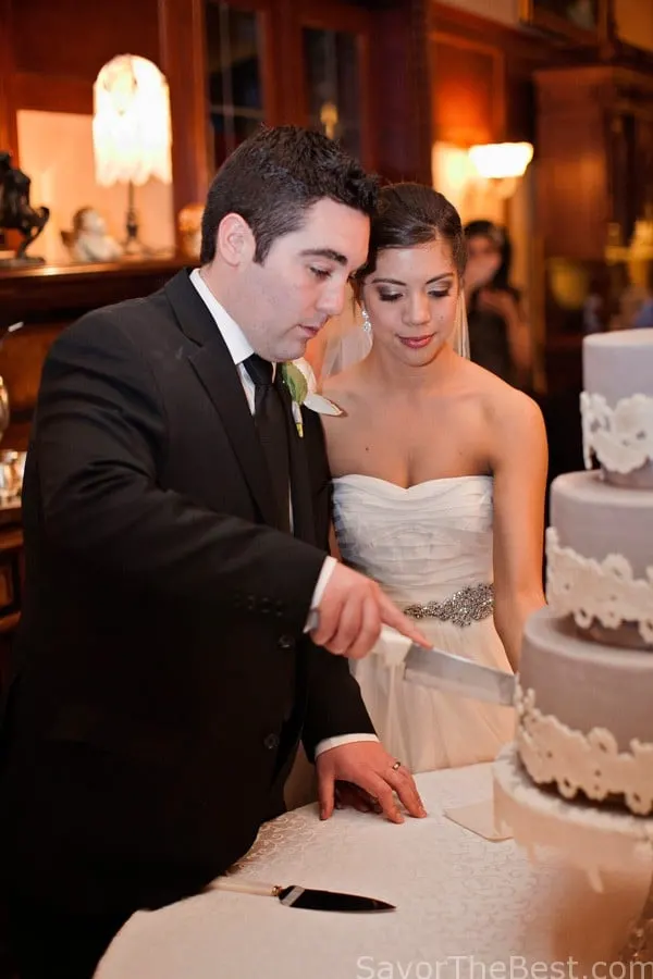 Lace appliqué wedding cake design