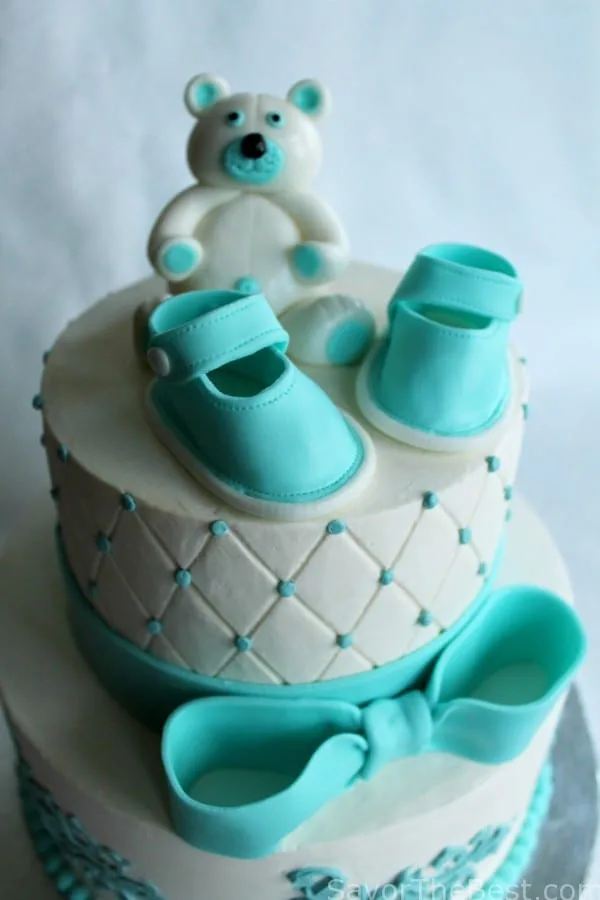 Baby Shower Cake with Fondant Shoes and Fondant Teddy Bear
