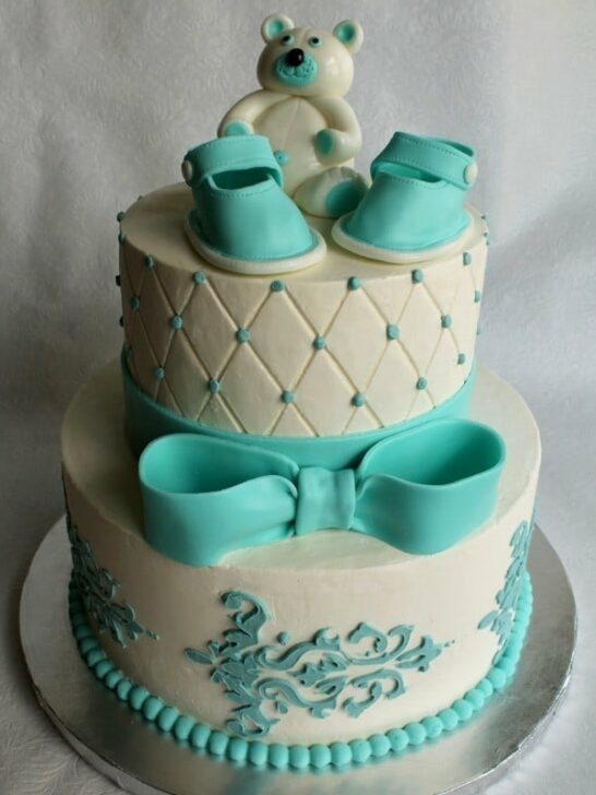 Baby Shower Cake with Fondant Shoes and Fondant Teddy Bear