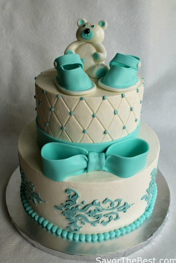 Baby Shower Cake with Fondant Shoes and Fondant Teddy Bear