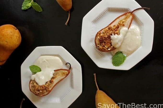 Baked pears topped with granola and ricotta. 