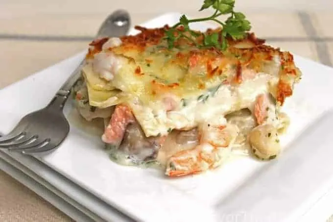 A plate with the best recipe for seafood lasagna. 