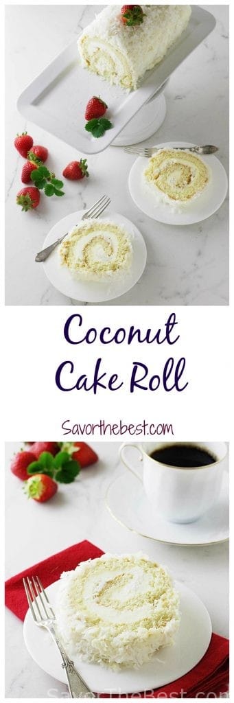 A long pinterest pin of a coconut cake roll with text overlay.