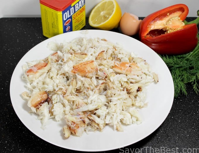 Dungeness crab meat and ingredients for crab cakes. 