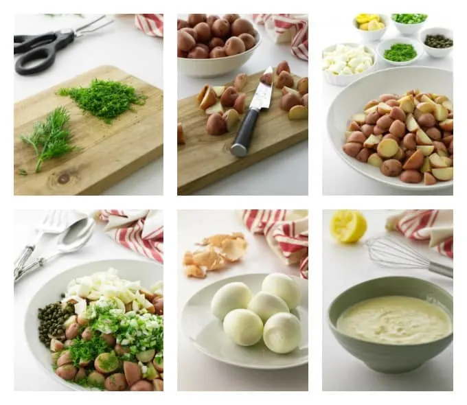 collage of 6 process photos for a fresh dill potato salad recipe
