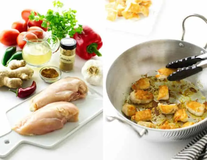 Collage showing the ingredients needed for chicken Karahi and the steps for cooking the chicken.
