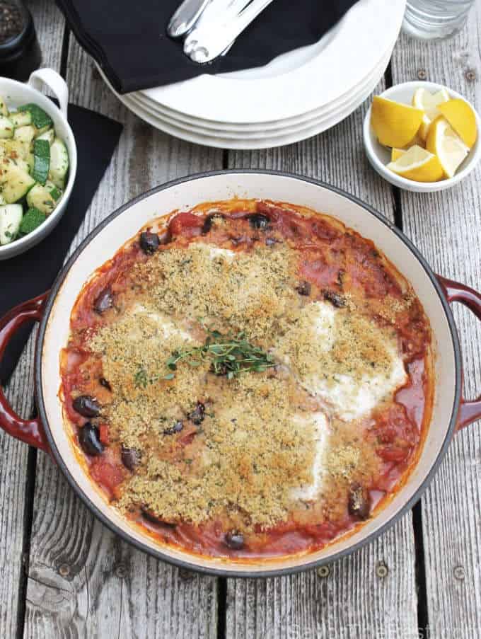 Halibut cooked in a skillet. 