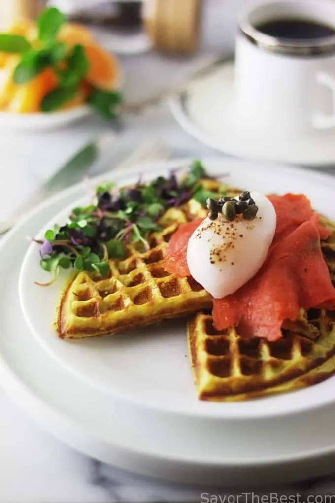 Sweet Potato Waffles, Poached Duck Eggs and Smoked Salmon