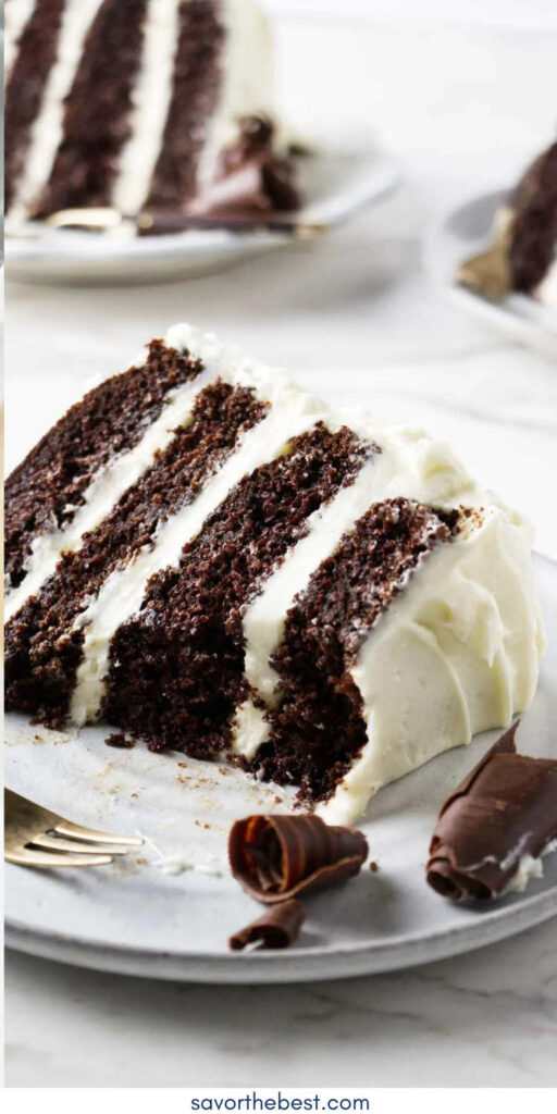 Pinterest photo of chocolate cake with cream cheese frosting.