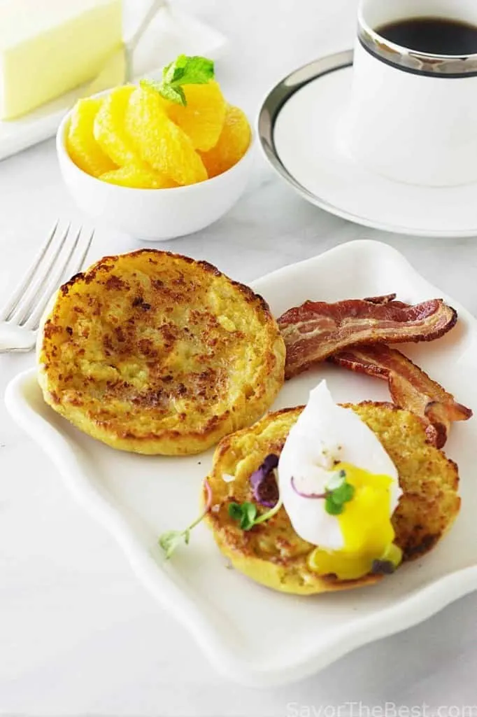 Toasted English muffin with a poached egg.