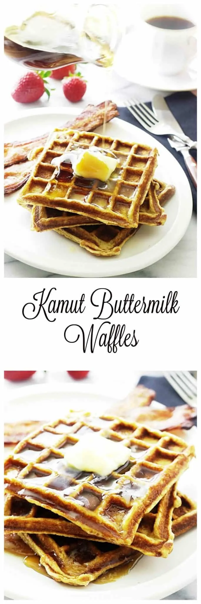 buttermilk waffles are made with stone ground kamut flour, whole grain oat flour and ground flax seed.