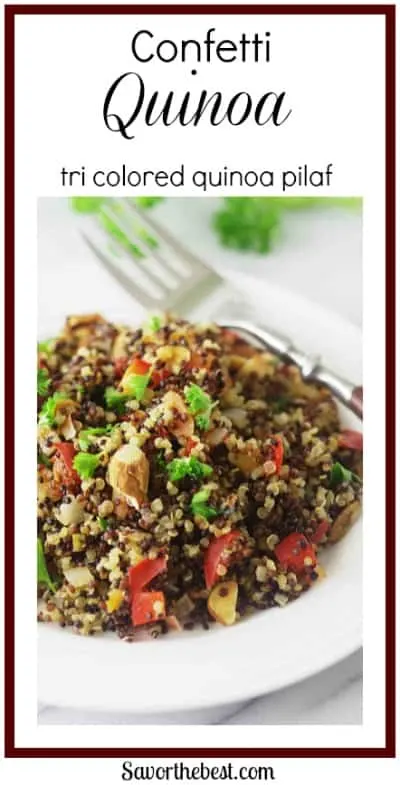 tri colored quinoa pilaf with carrots, red peppers and green onions give this side dish a festive confetti look