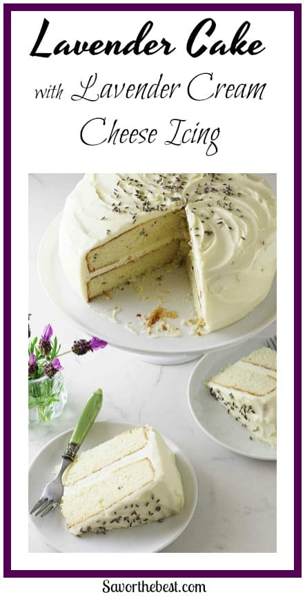 lavender cake with lavender cream cheese icing :A dreamy white cake lightly flavored with culinary lavender and lavender buds and cream cheese icing.