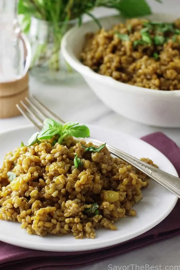 close up of einkorn coconut curry risotto