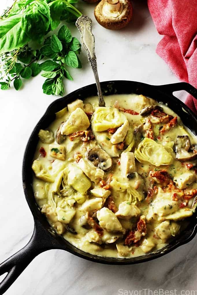 spelt penne pasta with chicken artichokes and mushrooms