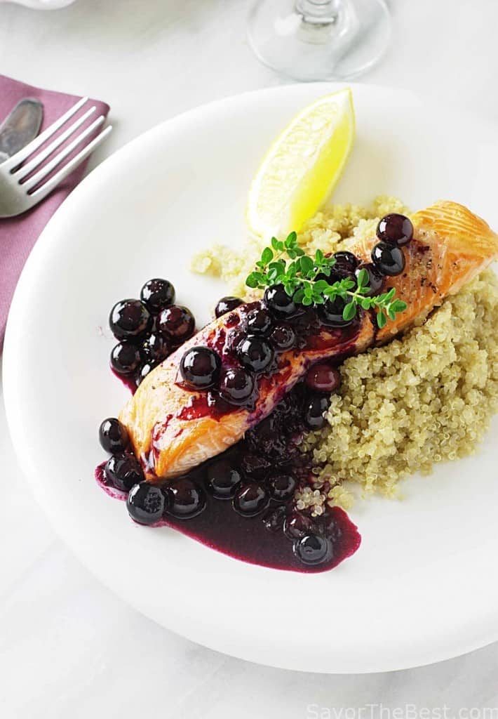 Wild Alaskan King Salmon topped with blueberry sauce. 