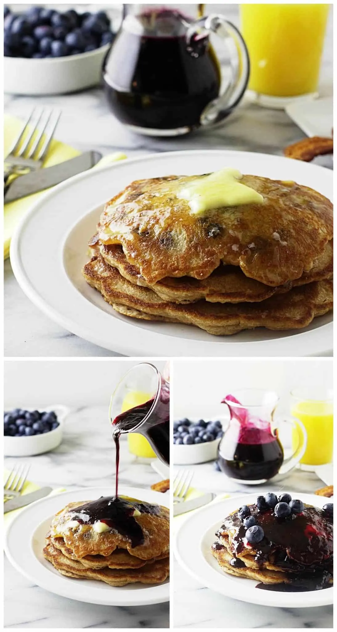 collage of 3 photos showing einkorn blueberry pancakes