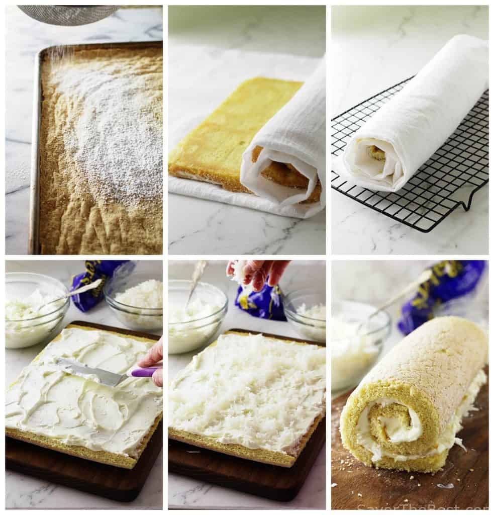 process photos showing how to make a coconut cake roll