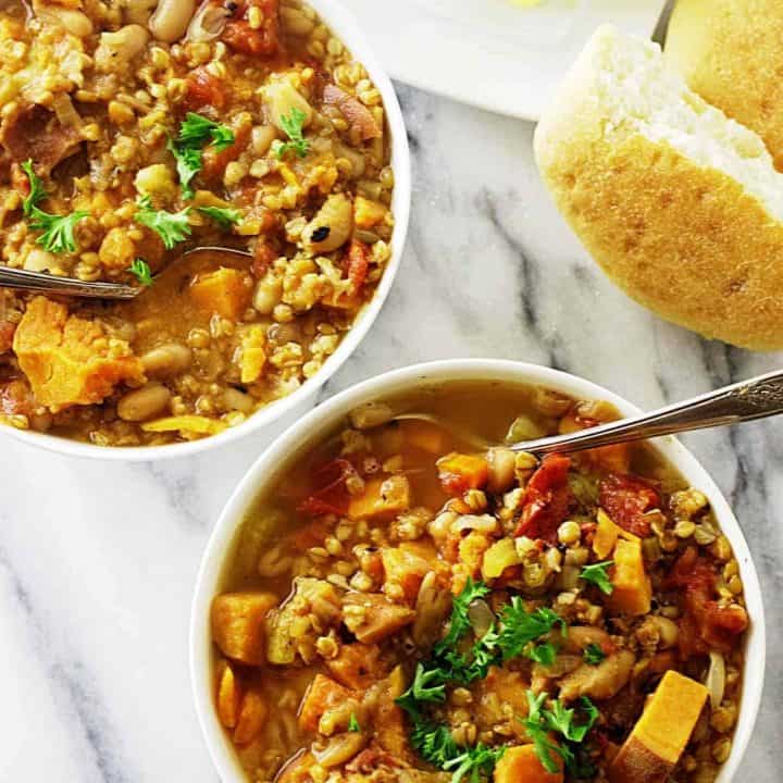 Einkorn white bean and sweet potato stew