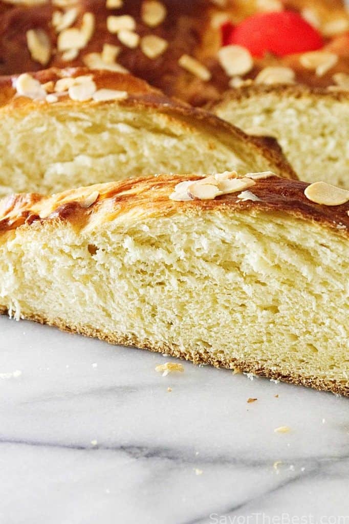 Closeup of a slice of Greek Easter bread. 