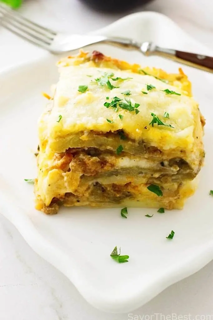 Eggplant Lasagna with Spicy Italian Sausage Meat Sauce