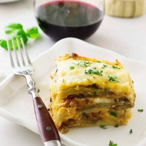 Eggplant Lasagna with Spicy Italian Sausage Meat Sauce