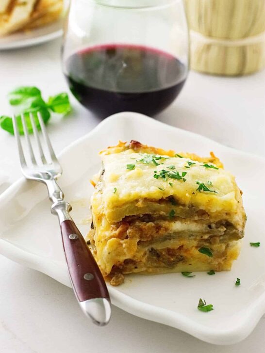 Eggplant Lasagna with Spicy Italian Sausage Meat Sauce