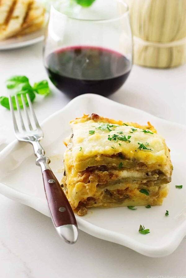 Eggplant Lasagna with Spicy Italian Sausage Meat Sauce