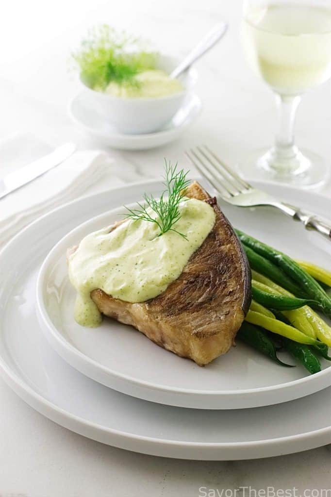 Grilled Swordfish Steak with Lemon-Dill Aioli Sauce.