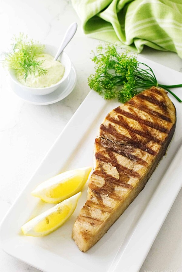 Grilled Swordfish Steak with Lemon-Dill Aioli Sauce.