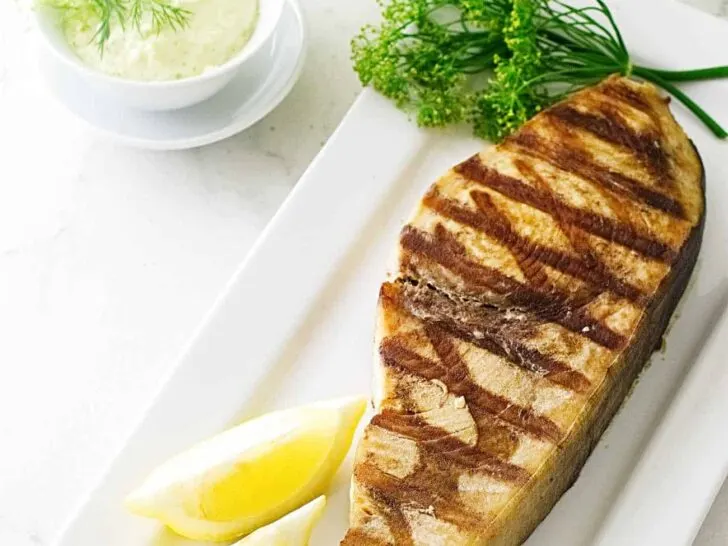 Grilled Swordfish Steak with Lemon-Dill Aioli Sauce.