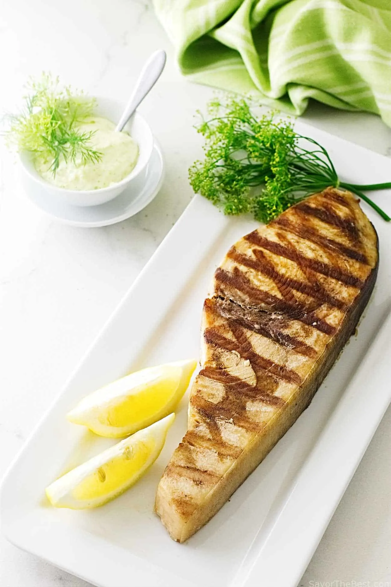 Grilled Swordfish Steak with Lemon-Dill Aioli Sauce.