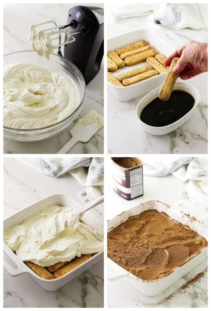 Four photos showing how to make tiramisu without eggs. 