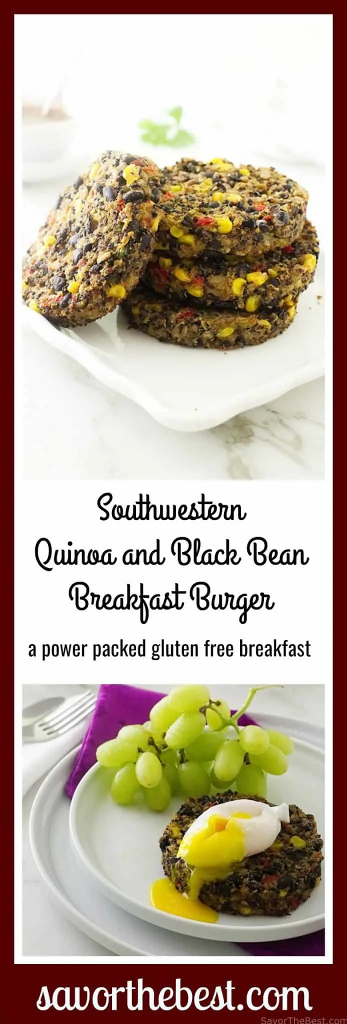 Southwestern Quinoa-Black Bean Breakfast Burger Recipe. A #glutenfree and #vegetarian breakfast. These black bean burgers are easy and quick to make.
