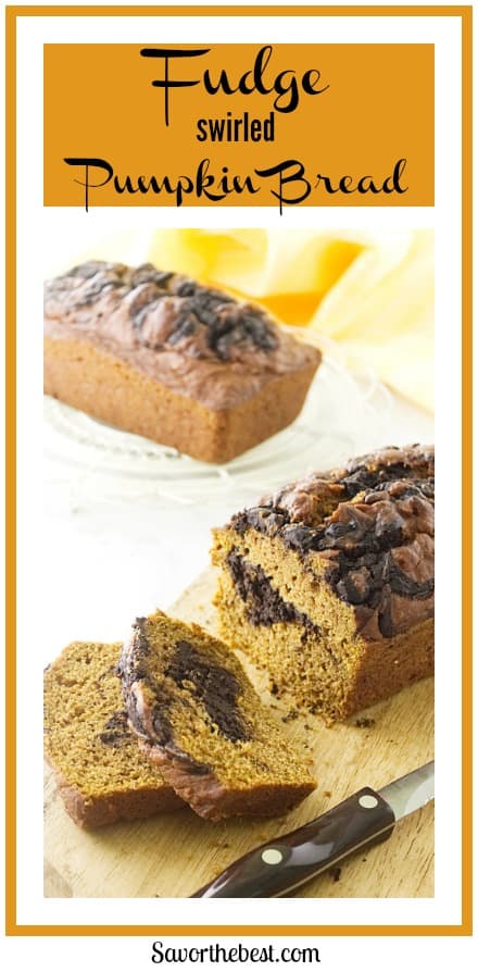 this chocolate fudge swirled pumpkin bread has layers of rich chocolate swirled into a moist pumpkin bread. It's the best chocolate swirled pumpkin bread you will ever have.