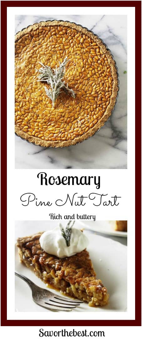 Rosemary pine nut tartRich, buttery pine nuts, light floral, clover honey and an herby rosemary are very well balanced in this unique nut tart.