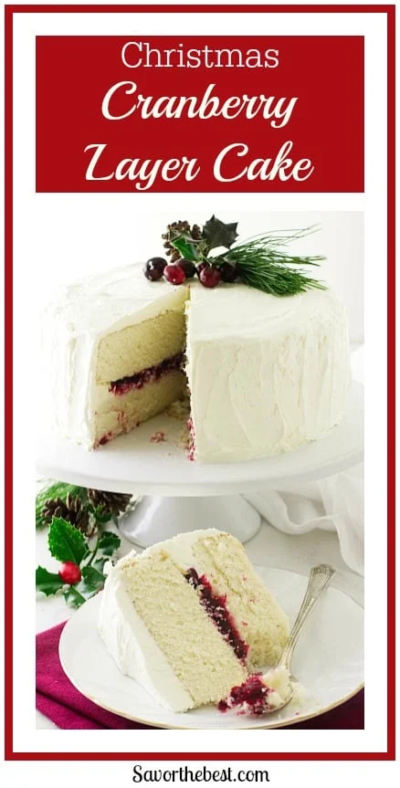 Christmas Cranberry Layer Cake! A sweet-tart layer of cranberries sandwiched between moist layers of vanilla cake and covered with an awesome buttercream icing!