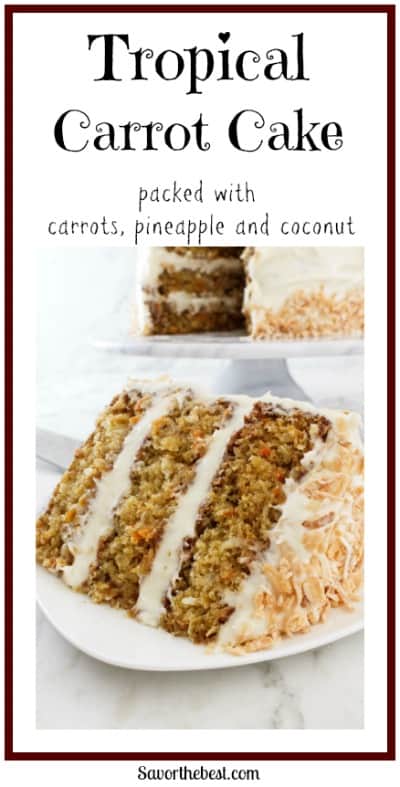 Tropical carrot cake is a classic carrot cake that gets a special twist from pineapple and coconut. It is moist, tender and packed with flavor.