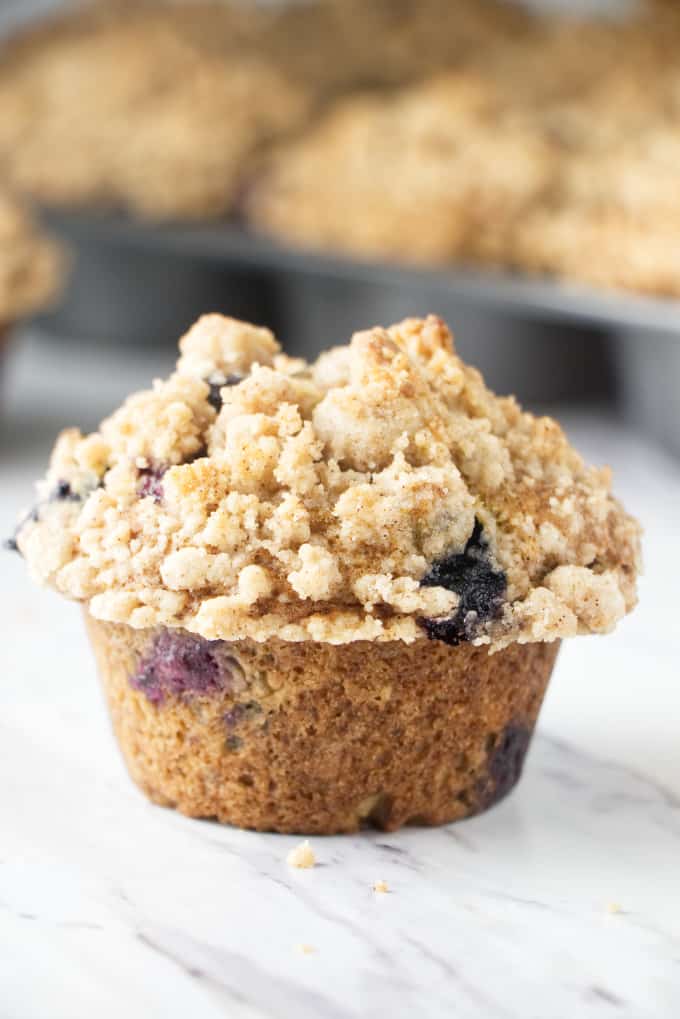 banana blueberry muffins with cinnamon crumb topping