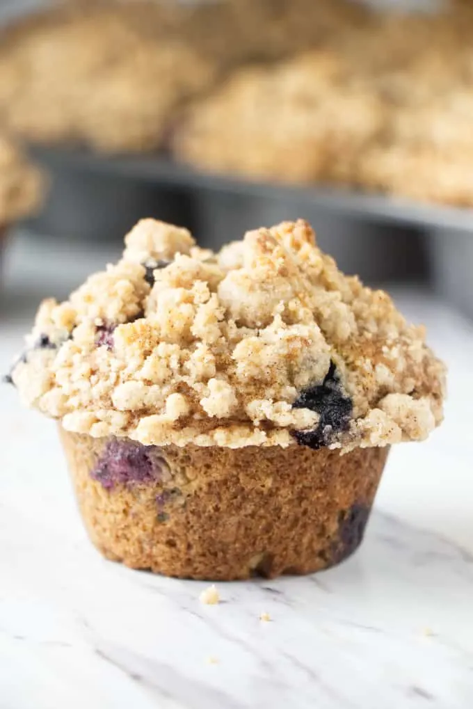 Blueberry muffins with banana puree topped with a streusel crunch.