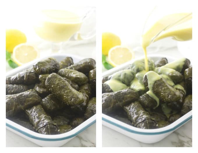 Lamb Stuffed Grape Leaves (Dolmas) with Avgolemono Sauce