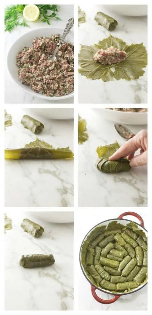 Six process photos showing how to stuff grape leaves with a lamb mixture. 