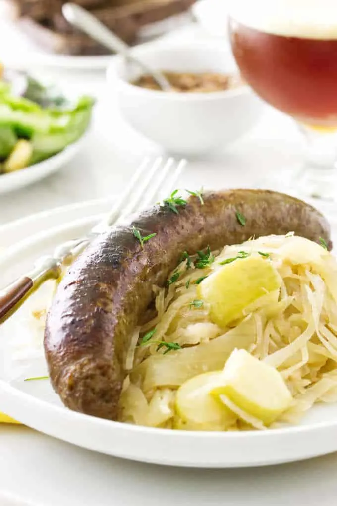 Ale Braised Bratwurst and Apple Sauerkraut