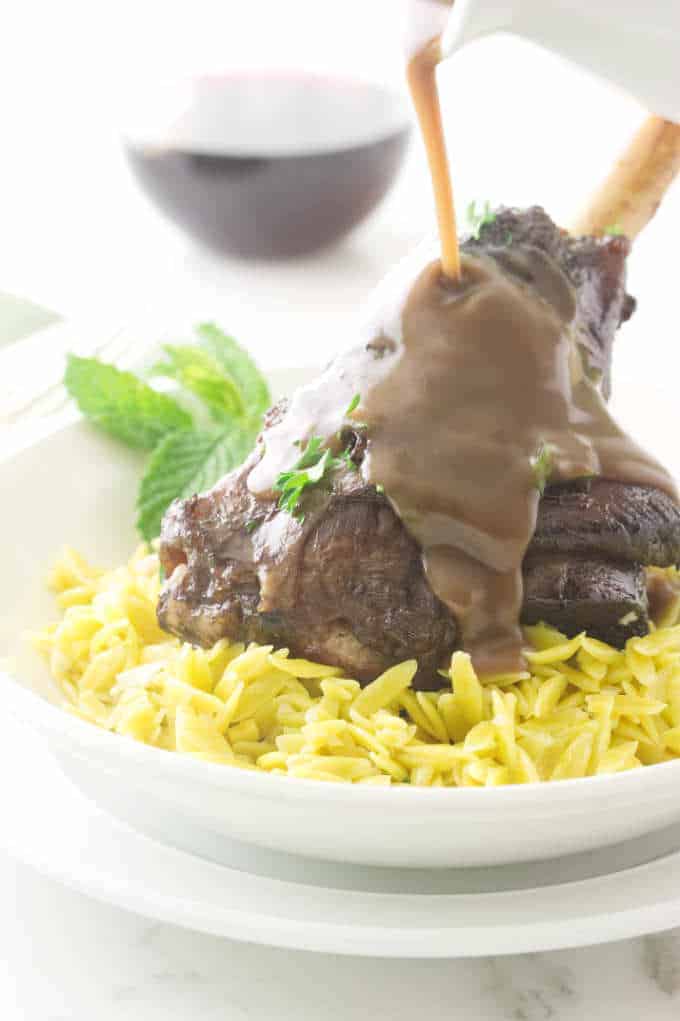 Slow Cooked Moroccan Lamb Shanks with Lemon-Garlic Orzo