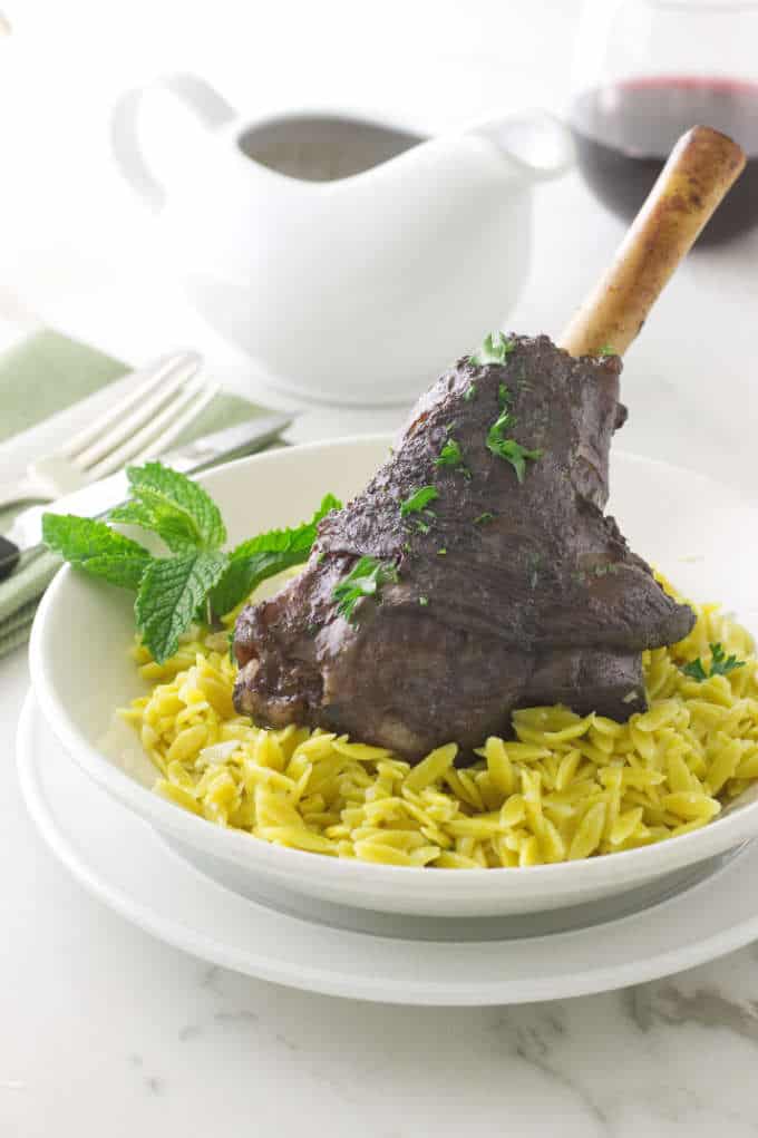 Slow Cooked Moroccan Lamb Shanks with Lemon-Garlic Orzo