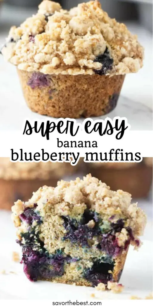 A long pinterest pin for banana blueberry muffins.