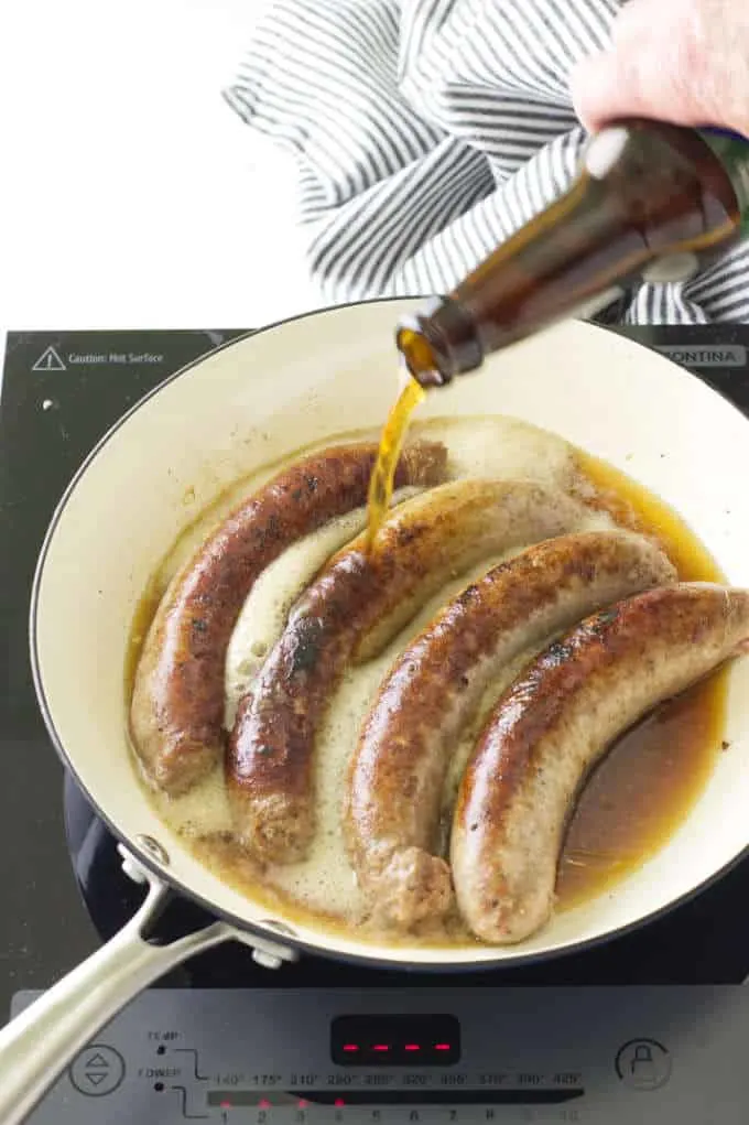 Ale Braised Bratwurst and Apple Sauerkraut