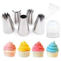 Pridebit Cupcake/Cake Decorating Tips [5 Extra Large] [4 Classic Tips+1 Ruffle Tip] Stainless Steel Piping Icing Tips 1 XL COUPLER 10 Disposable Pastry Bag